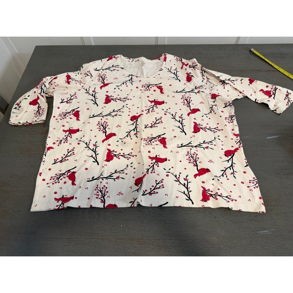 Kim Rogers Perfectly Soft 3X Top Red Cardinal Bird Berry Print 3/4 Sleeve White